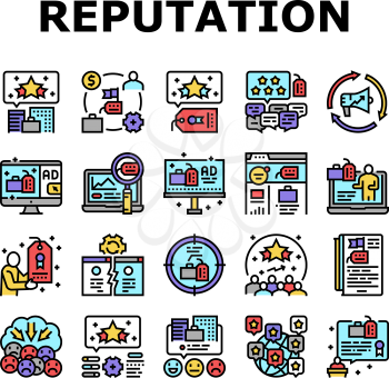 Reputation Management Collection Icons Set Vector. Social Media And Brand Ambassador, Company World Reputation Management And Reviews Concept Linear Pictograms. Contour Color Illustrations