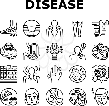 Disease Human Problem Collection Icons Set Vector. Epithelial Tissue And Toxoplasmosis, Ear Surgery And Cellulite, Skin Itch And Lymphoma Disease Black Contour Illustrations