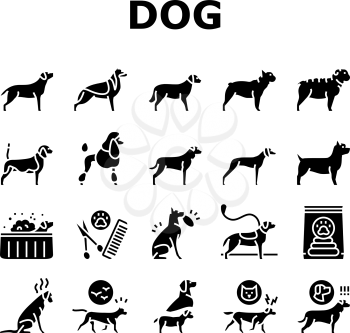 Dog Domestic Animal Collection Icons Set Vector. Yorkshire And Rottweiler, Beagle And French Bulldog, Golden Retriever And German Shepherd Dog Glyph Pictograms Black Illustrations