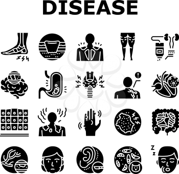 Disease Human Problem Collection Icons Set Vector. Epithelial Tissue And Toxoplasmosis, Ear Surgery And Cellulite, Skin Itch And Lymphoma Disease Glyph Pictograms Black Illustrations