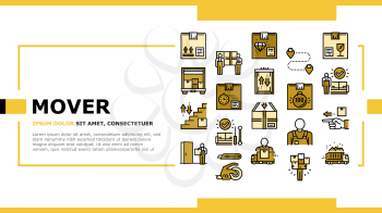 Mover Express Service Landing Web Page Header Banner Template Vector. Mover Worker Delivery Cardboard Box And Couch, Truck Cargo, Knife And Scotch Tape, Illustration