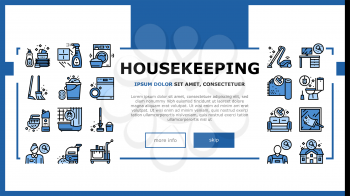 Housekeeping Cleaning Landing Web Page Header Banner Template Vector. Laundry, Window Sponge And Vacuum Cleaner. Washing Machine And Cleaning Service Worker Illustration