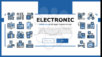 Electronic Repair Landing Web Page Header Banner Template Vector. Photo And Video Camera, Computer Chip And Screen, Phone And Tablet Fixing With Repair Tools Illustration