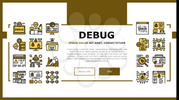 Debug Research And Fix Landing Web Page Header Banner Template Vector. Debugging Servers And Data Store, Development And Testing Application On Debug Illustration