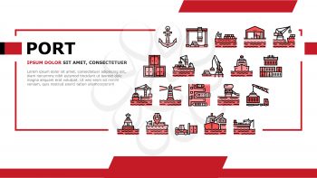 Container Port Tool Landing Web Page Header Banner Template Vector. Port Crane Loader For Loading Boxes On Ship And Storehouse, Buoy And Lighthouse, Delivery Service Illustration
