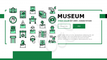 Museum Gallery Exhibit Landing Web Page Header Banner Template Vector. Museum Building And Paint, Sculpture And Statue, Audio Guid Player And Metal Detector Illustration