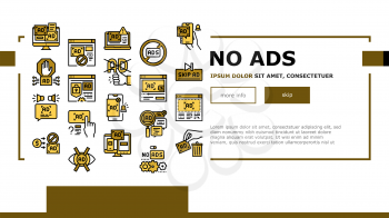 No Ads Advertise Free Landing Web Page Header Banner Template Vector. Skip Ad Button And Blocking Application, No Ads On Computer Screen And Smartphone Display Illustration