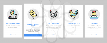 Chicken Meat Factory Onboarding Mobile App Page Screen Vector. Chicken Feather Pluck And Washing Machine, Conveyor And Refrigerator For Frozen Carcass Illustrations