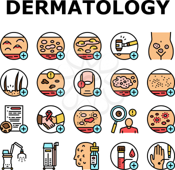 Dermatology Problem Collection Icons Set Vector. Dermatology Disease Clinic Treatment And Photodynamic Therapy Psoriasis And Acne Hospital Concept Linear Pictograms. Contour Illustrations
