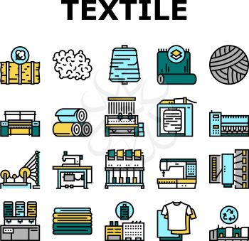 Textile Production Collection Icons Set Vector. Silk Thread And Clothing Textile Production, Sewing Machine And Factory Industrial Equipment Concept Linear Pictograms. Contour Illustrations