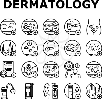 Dermatology Problem Collection Icons Set Vector. Dermatology Disease Clinic Treatment And Photodynamic Therapy Psoriasis And Acne Hospital Black Contour Illustrations