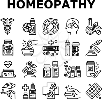 Homeopathy Medicine Collection Icons Set Vector. Medicaments And Vitamins Prepared From Natural Bio Plant, Homeopathy Pills And Drug Container Black Contour Illustrations