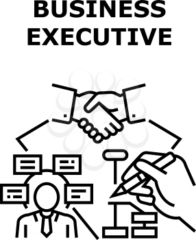 Business Executive Strategy Vector Icon Concept. Business Executive Strategy Planning And Developing Entrepreneur, Businessman Meeting With Partner And Signing Agreement Black Illustration