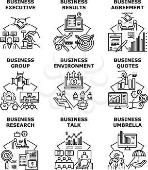 Business Research Set Icons Vector Illustrations. Business Research Results And Agreement, Group Talk And Results, Executive And Environment. Professional Occupation Black Illustration