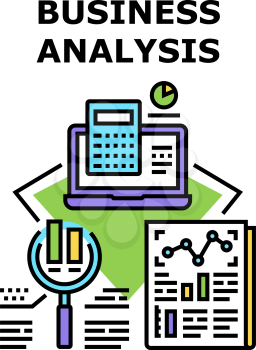 Business Analysis Report Vector Icon Concept. Business Analysis Report And Calculating Financial Audit, Counting Profit With Digital Calculator On Laptop And Research Diagram Color Illustration