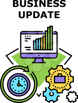 Business Update Vector Icon Concept. Business Update Technology And Updating Time Process For Earning Money, Researching. Finance Infographic Report Researching On Computer Color Illustration