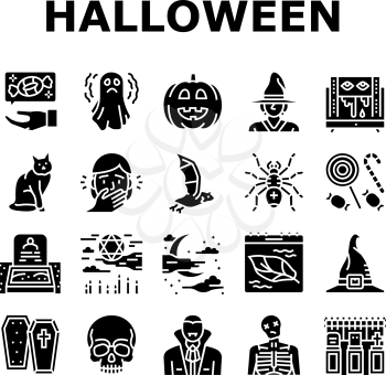 Halloween Autumn Season Holiday Icons Set Vector. Halloween Pumpkin And Scary Skull Decoration, Witch And Vampire, Coffin And Grave, Bat Spider Decorative Ornament Glyph Pictograms Black Illustrations