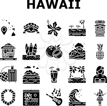 Hawaii Island Vacation Resort Icons Set Vector. Hawaiian Girl Dancing Dance And Drinking Tropical Cocktail, Bungalow Building On Water And Hawaii Sandy Beach Sea Glyph Pictograms Black Illustrations