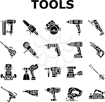 Tools For Building And Repair Icons Set Vector. Heat Gun And Nailer, Soldering Iron For Plastic Pipes And Reciprocating Saw, Jackhammer Electric Screwdriver Tools Glyph Pictograms Black Illustrations