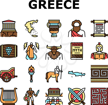 Ancient Greece Mythology History Icons Set Vector. Ancient Greece Myth And Ornament, Lyre Musician Instrument And Acropolis Building, Centaur And Minotaur Line. Color Illustrations