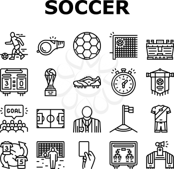 Soccer Team Sport Game On Stadium Icons Set Vector. Soccer Match Competition On Field And Sportive Strategy, Ball And Fan Attributes, Player And Arbitrator Black Contour Illustrations