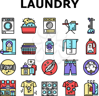 Laundry Service Washing Clothes Icons Set Vector. Laundry And Drying Machine For Wash And Dry Textile Clothing, Steam And Iron Device For Clean Garment Line. Housework Color Illustrations