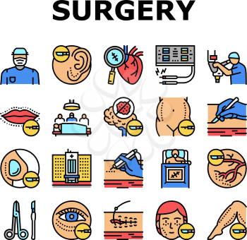 Surgery Medicine Clinic Operation Icons Set Vector. Lips And Facial Plastic Surgery, Liposuction And Implant Beauty Procedure Line. Health Treatment Preocessing Color Illustrations
