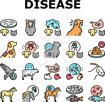 Pet Disease Ill Health Problem Icons Set Vector. Salmonellosis And Tapeworm, Psittacosis And Sarcoptic Mange, Leptospirosis And Streptococcues Pet Disease Line. Domestic Animal Color Illustrations