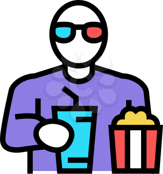 spectator watching movie and eating popcorn in cinema color icon vector. spectator watching movie and eating popcorn in cinema sign. isolated symbol illustration