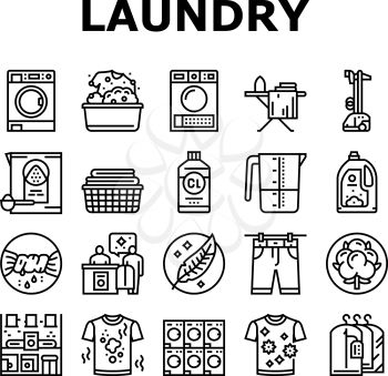 Laundry Service Washing Clothes Icons Set Vector. Laundry And Drying Machine For Wash And Dry Textile Clothing, Steam And Iron Device For Clean Garment Black Contour Illustrations