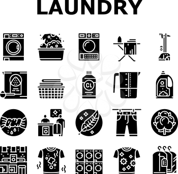 Laundry Service Washing Clothes Icons Set Vector. Laundry And Drying Machine For Wash And Dry Textile Clothing, Steam And Iron Device For Clean Garment Glyph Pictograms Black Illustrations