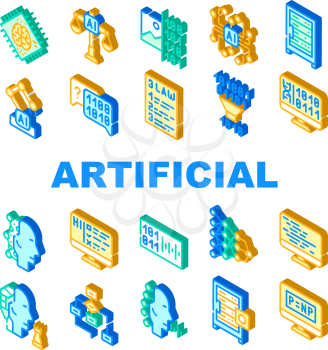 Artificial Intelligence System Icons Set Vector. Artificial Intelligence Binary Code And Robot, Digital Brain And Robotic Arm Collection Isometric Sign Color Illustrations