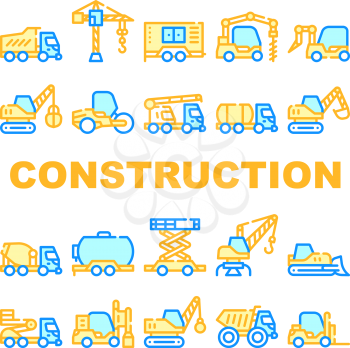 Construction Vehicle Collection Icons Set Vector. Construction Crane And Bulldozer, Wheel And Skid Loader, Scissor Lift And Concrete Mixer Concept Linear Pictograms. Color Contour Illustrations