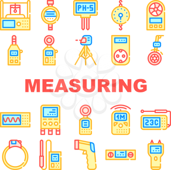 Measuring Equipment Collection Icons Set Vector. Measuring Temperature And Weight, Distance And Water Ph Gadget, Accelerometer And Planimeter Concept Linear Pictograms. Color Contour Illustrations