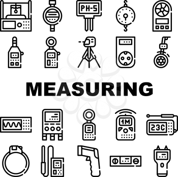 Measuring Equipment Collection Icons Set Vector. Measuring Temperature And Weight, Distance And Water Ph Gadget, Accelerometer And Planimeter Black Contour Illustrations