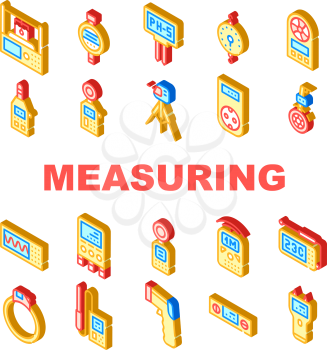 Measuring Equipment Collection Icons Set Vector. Measuring Temperature And Weight, Distance And Water Ph Gadget, Accelerometer And Planimeter Isometric Sign Color Illustrations