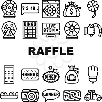 Raffle Lottery Game Collection Icons Set Vector. Raffle Car And Win Money Gambling, Bingo Card And Kegs, Wheel Of Fortune And Ticket Black Contour Illustrations