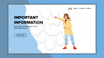Important Information Pointing Young Woman Vector. Girl Talking And Showing With Finger On Important Information. Character Businesswoman Advising Or Talk Info Web Flat Cartoon Illustration