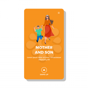 Mother And Son Late And Run To Kindergarten Vector. Mother And Son Running Together. Characters Attractive Woman Mom And Kid Boy Have Funny Time Together Web Flat Cartoon Illustration