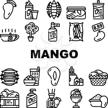 Mango Tropical Fruit Collection Icons Set Vector. Mango Juice And Jam, Ice Cream And Vinegar, Canned Food And Tea, Soap And Aroma Diffuser Black Contour Illustrations