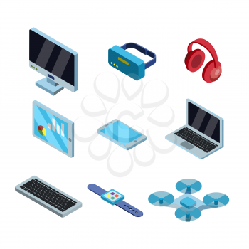 Gadget Electronic Technology Isometric Set Vector. Computer Screen And Vr Glasses, Earphones And Tablet, Smartphone Mobile Phone And Laptop, Keyboard, Smart Watch And Drone Gadget. Illustrations