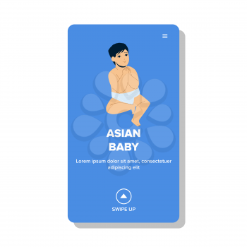 Asian Baby Funny Time In Day Nursery Room Vector. Adorable Toddler Asian Baby In Diaper Playing With Nanny. Character Japan Boy Child, New Born Infant Son Web Flat Cartoon Illustration