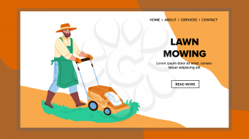 Lawn Mowing Gardener With Mower Device Vector. Garden Worker Man Lawn Mowing With Professional Equipment. Character Care And Cutting Grass On Backyard Web Flat Cartoon Illustration