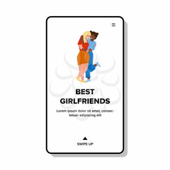 Best Girlfriends Embracing Together In Club Vector. Multiracial African And Caucasian Best Girlfriends Embrace On Classmate Meeting. Positive Expression Characters Girls Web Flat Cartoon Illustration