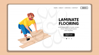 Laminate Flooring Carpenter Man In House Vector. Laminate Flooring Handyman In Apartment Room. Worker Laying Wooden Panel On Floor. Character Renovation Web Flat Cartoon Illustration