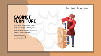 Cabinet Furniture Assembly Handyman Master Vector. Service Worker Man Assembling Cabinet Furniture With Instrument. Character Installing Wooden Construction Web Flat Cartoon Illustration
