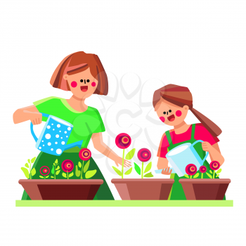 Indoor Plant Care Woman And Girl Together Vector. Mother And Daughter Watering With Can Natural Floral Indoor Plant. Characters Housework And Domestic Flowers Sprinkling Flat Cartoon Illustration