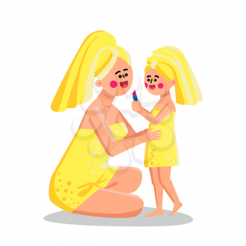 Mother And Daughter Relaxing In Spa Salon Vector. Woman Parent And Girl Kid Wearing Towel Resting Together In Spa After Bath And Beauty Procedure. Characters Flat Cartoon Illustration