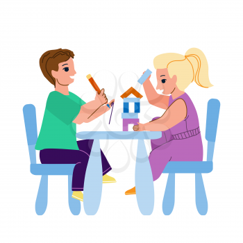 On Kid Furniture Play Little Boy And Girl Vector. Children Playing With Construction On Kid Furniture In Kindergarten. Characters Brother And Sister Creative Time Flat Cartoon Illustration