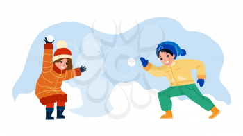 Kids Play With Winter Snow Balls Together Vector. Boy And Girl Friends Playing In Winter Seasonal Game Snowballs Fight. Characters Brother And Sister Funny Active Time Flat Cartoon Illustration